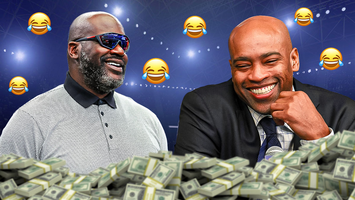 Shaquille O'Neal and Vince Carter both with laughing emojis around them, as well as lots of cash.