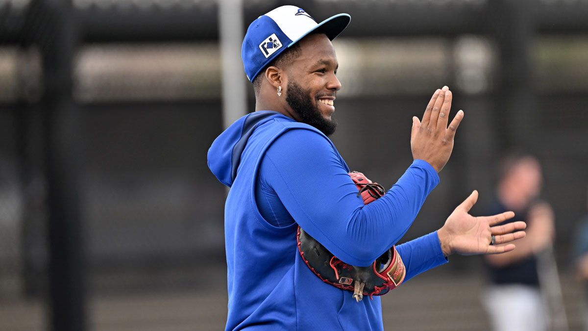 Toronto Blue Jays infielder Vladimir Guerrero Jr. (27) takes a break during spring training