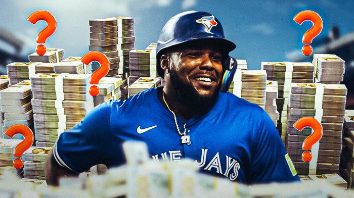 Vladimir Guerrero Jr., pile of money near him. question marks all around