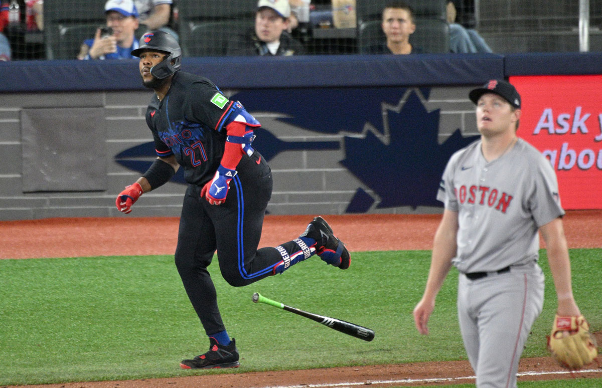 Vladimir Guerrero Jr. with Red Sox, Mets, Yankees logos. Question marks all around.