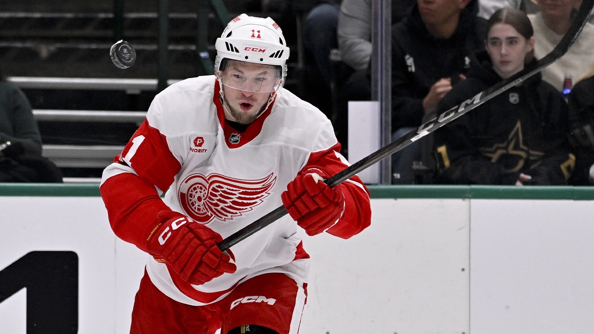 Detroit Red Wings right wing Vladimir Tarasenko (11) tries to knock the puck out of the air during the first period against the Dallas Stars at the American Airlines Center.