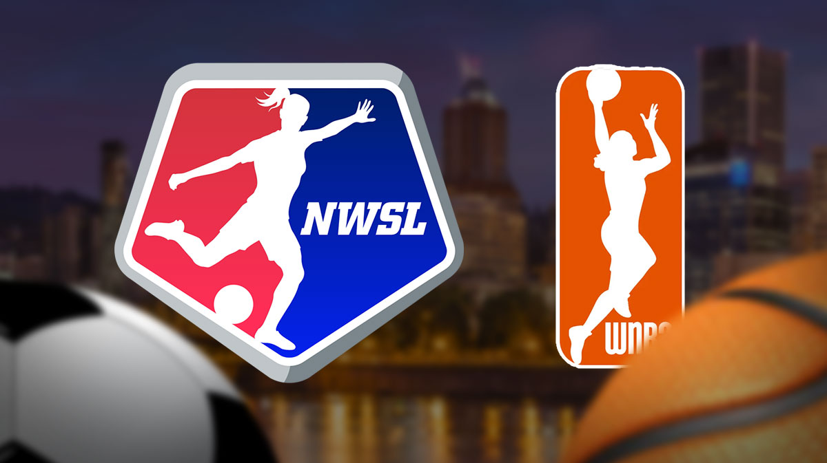 The National Women’s Soccer League (NWSL) logo and the WNBA logo, with the city of Portland, Oregon, USA as the background, with both soccer balls and basketballs