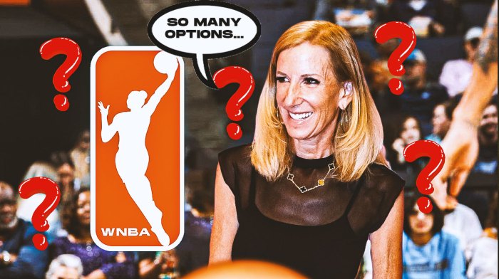 WNBA Commissioner Cathy Engelbert with a speech bubble that says "So many options..." She is surrounded by question mark emojis. There is also a logo for the WNBA.