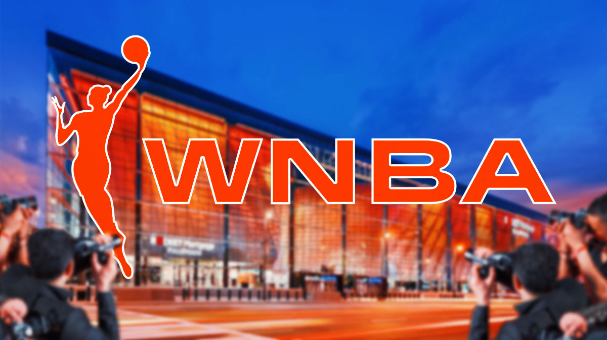 WNBA logo (center) with Rocket Mortgage Fieldhouse behind it