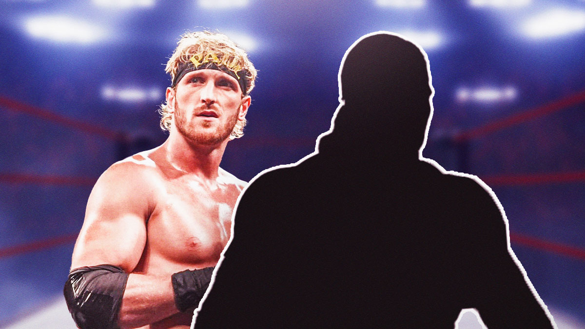 Logan Paul next to the blacked-out silhouette of Kevin Nash in a WWE ring.