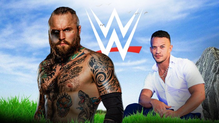 Ricky Starks and Malakai Back stand on grass with the WWE logo in the sky "In WWE, everything was done for him, right? Everything was set up for him, all he had to do was just go out there and boom, get it done. He didn't have to write stories, he didn't have to create factions or anything like that. But then, you go to AEW, and it's like going to some of these independent shows, and the guy that's running the show, you show up, and you say, 'What do you want from me?' They go, 'What do you want?' That's what it is when you get to the AEW."