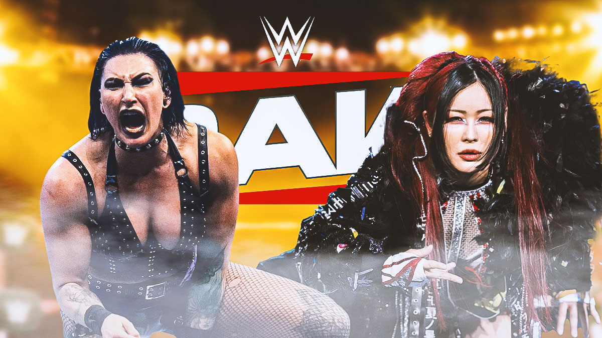WWE Superstars Rhea Ripley and Iyo Sky with Monday Night RAW on Netflix logo.