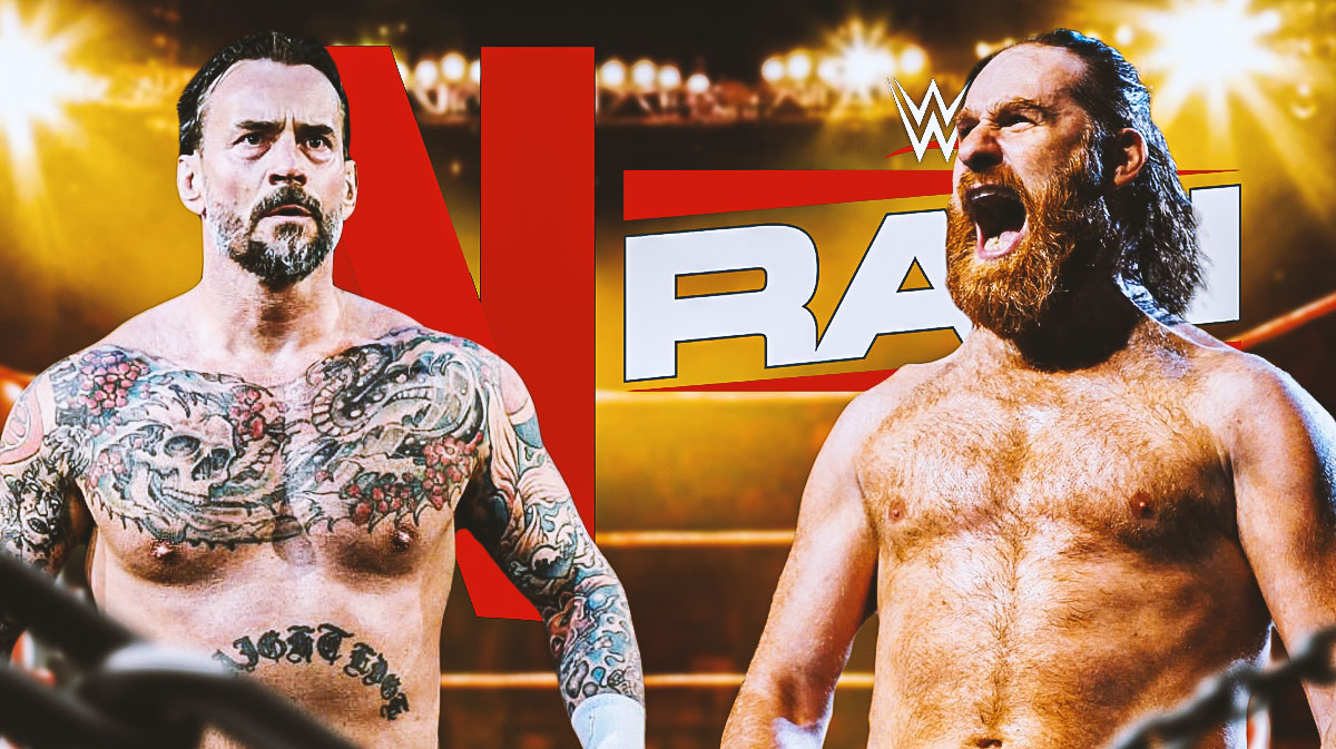 WWE stars CM Punk and Sami Zayn with Netflix and Monday Night RAW logos.
