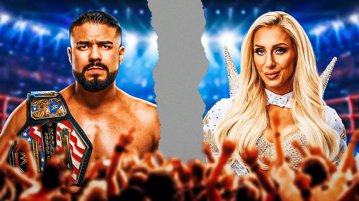 WWE stars Andrade and Charlotte Flair, who are getting divorced, with a page torn between them.