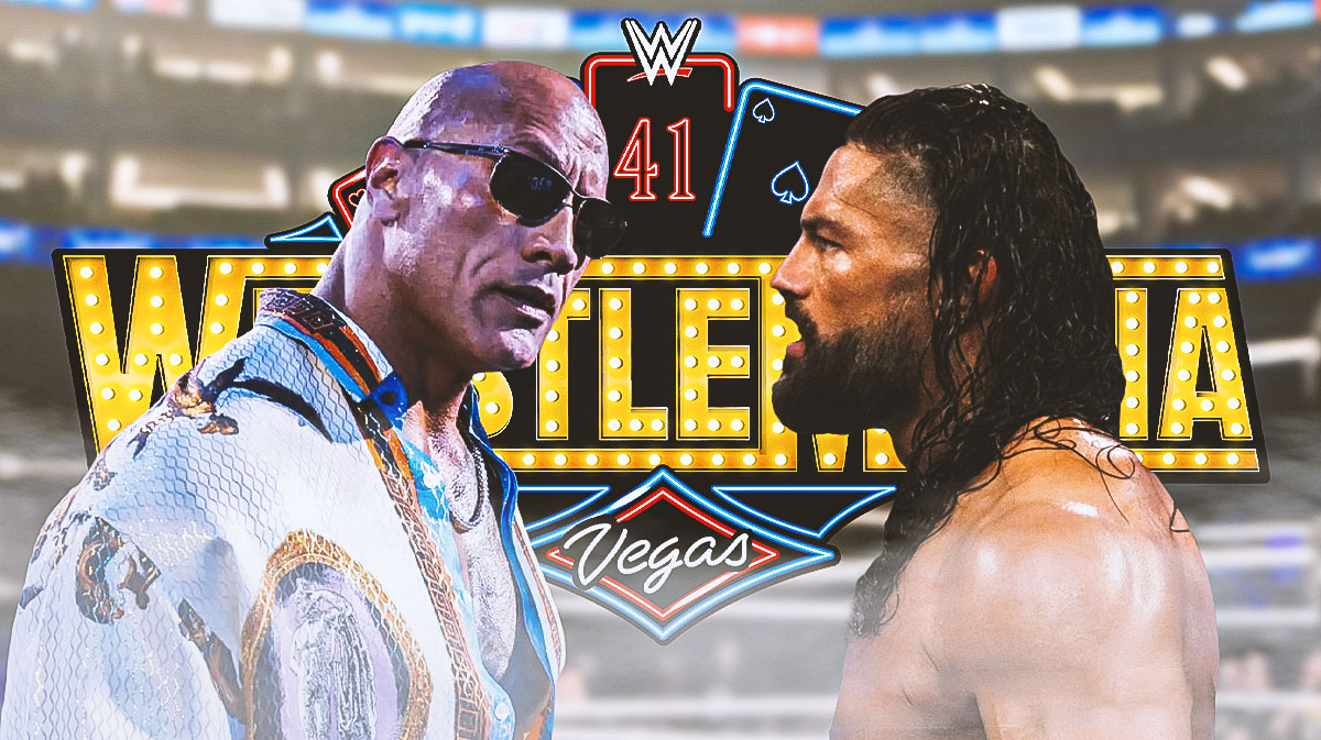 WWE stars Dwayne The Rock Johnson and Roman Reigns with WrestleMania 41 logo behind them.