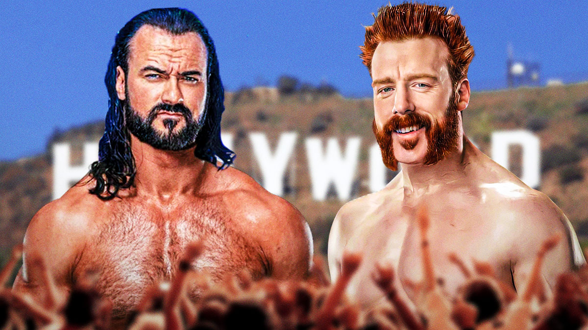 WWE Superstars Drew McIntyre and Sheamus in front of the Hollywood sign.