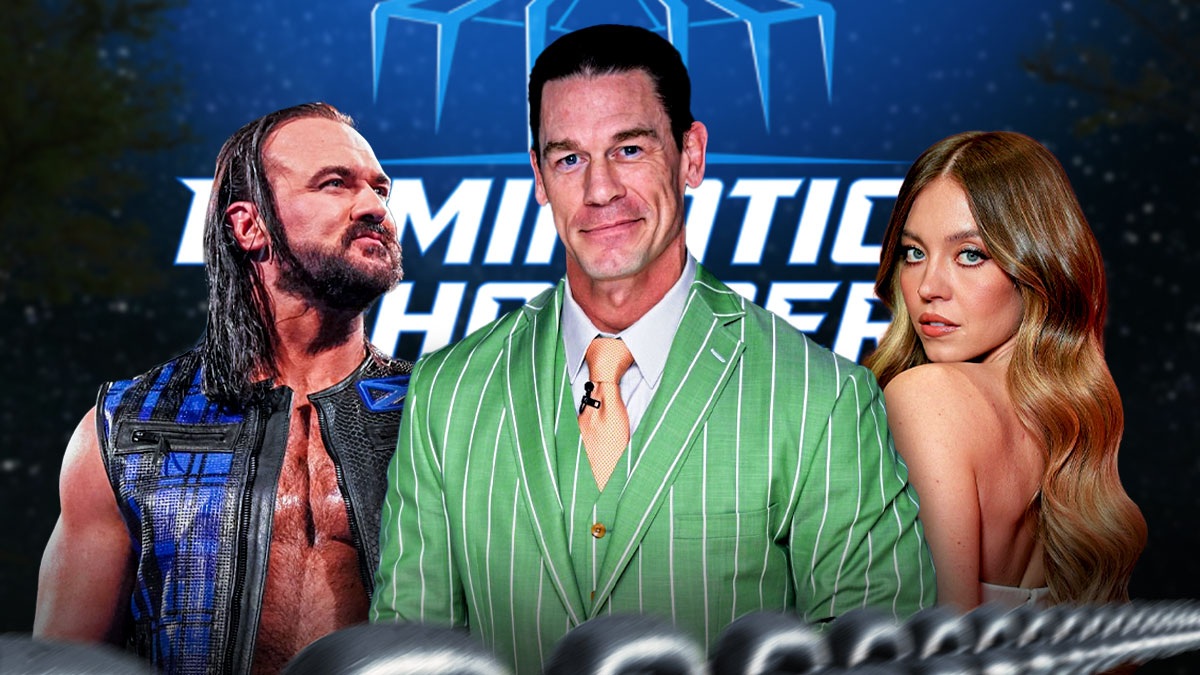 Drew McIntyre, John Cena and Sydney Sweeney in front of the Elimination Chamber logo