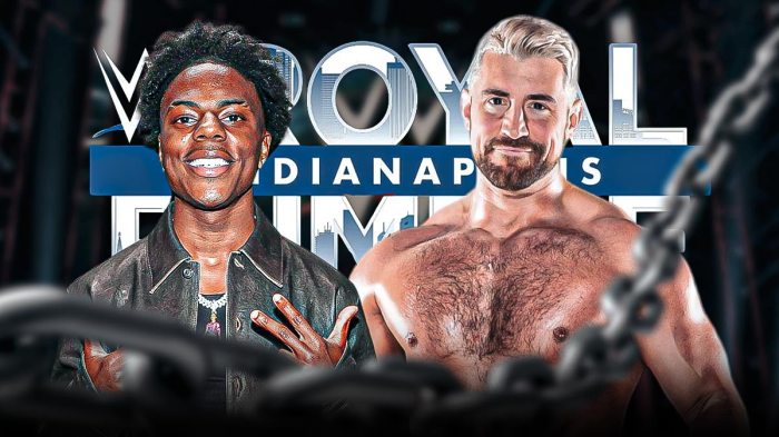 Joe Hendry next to IShowSpeed in front of the 2025 Royal Rumble logo.