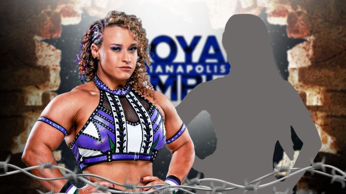 Jordynne Grace next to the blacked-out silhouette of Alexa Bliss with the 2025 Royal Rumble logo as the background.