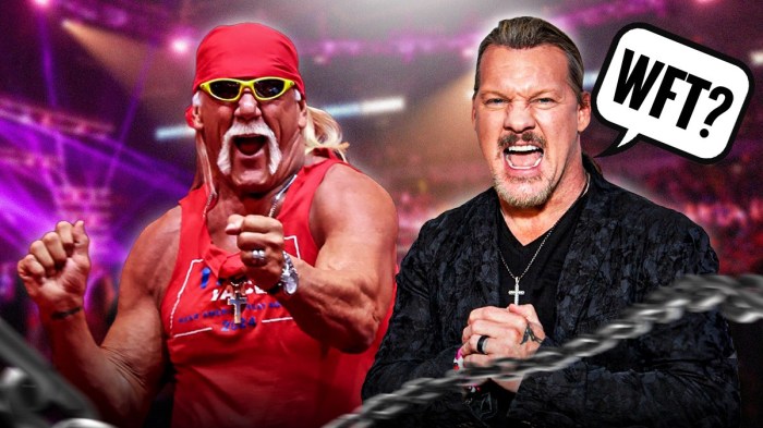 Chris Jericho with a text bubble reading "WFT?" next to Hulk Hogan in a WWE ring.