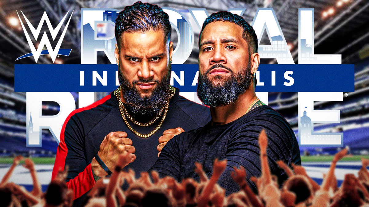 Jimmy and Jey Uso with 2025 WWE Royal Rumble logo and Lucas Oil Stadium background.