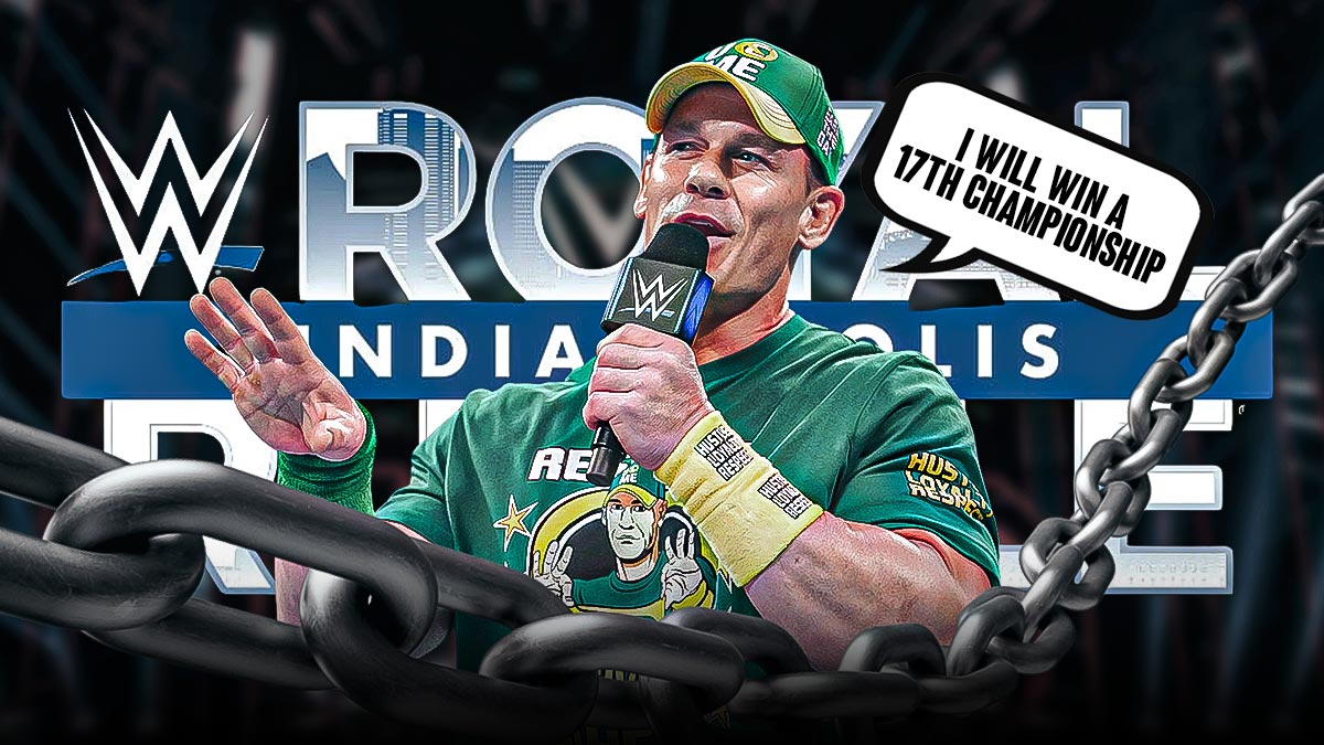 John Cena with a text bubble reading "I will win a 17th championship" in front of the 2025 Royal Rumble logo