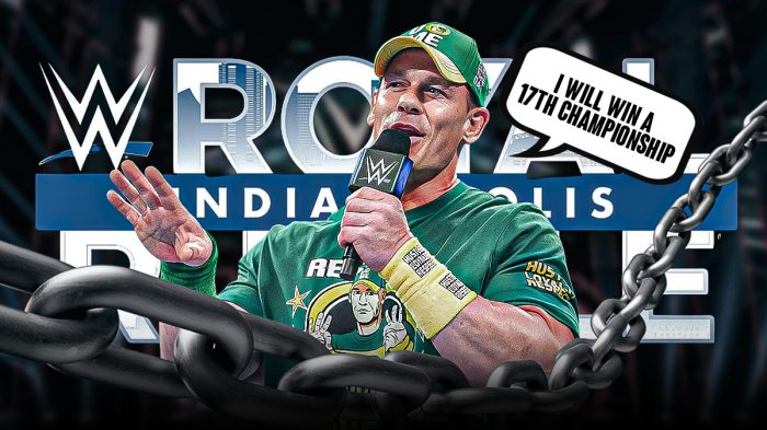 John Cena with a text bubble reading "I will win a 17th championship" in front of the 2025 Royal Rumble logo