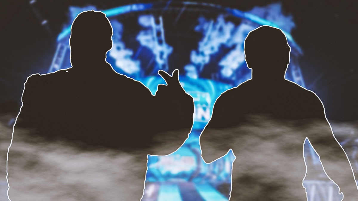 Silhouettes of WWE tag team the New Day members Kofi Kingston and Xavier Woods, who got new entrance music, and entrance ramp background.