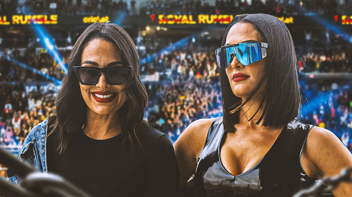 WWE stars Nikki and Brie Bella, who could both return to the company for full runs soon with wrestling ring background.