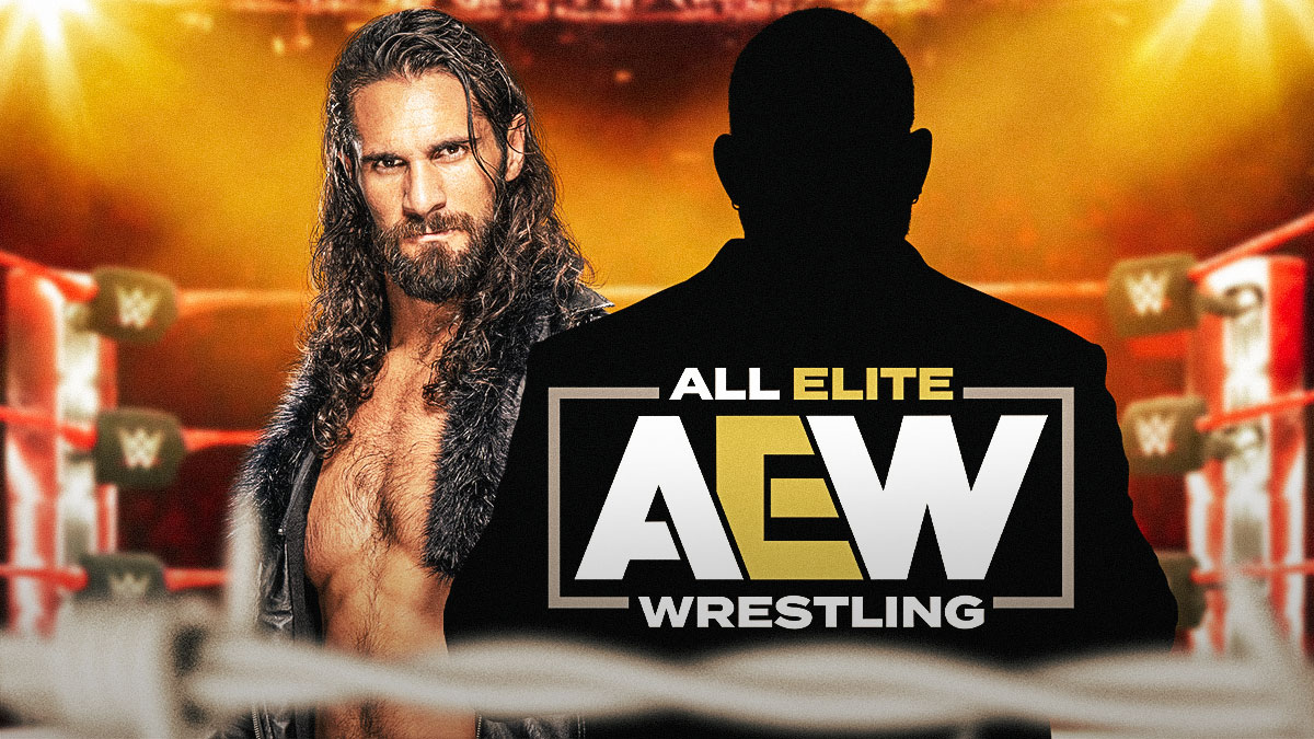Seth Rollins next to the blacked-out silhouette of MVP (AEW) in a wrestling ring