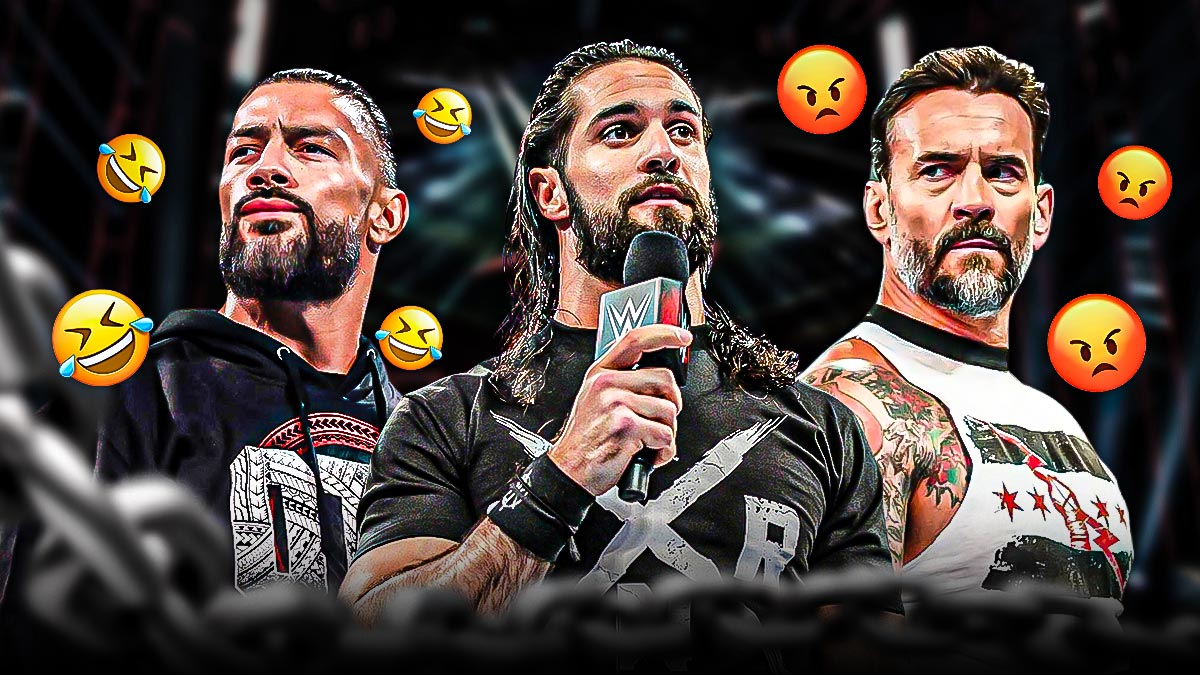 Seth Rollins with CM Punk on his right with an angry emoji over his face and Roman Reigns on his left with a happy emoji over his face.