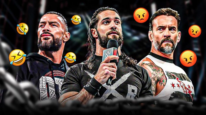 Seth Rollins with CM Punk on his right with an angry emoji over his face and Roman Reigns on his left with a happy emoji over his face.