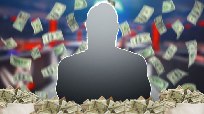 Silhouette of WWE star Kevin Owens, who recently signed a five-year contract extension and money all around him.
