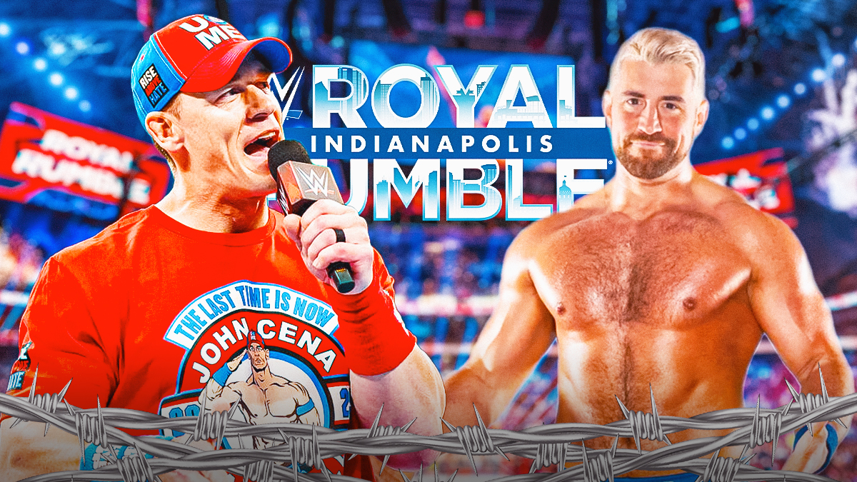 John Cena next to Joe Hendry in front of the 2025 Royal Rumble logo.