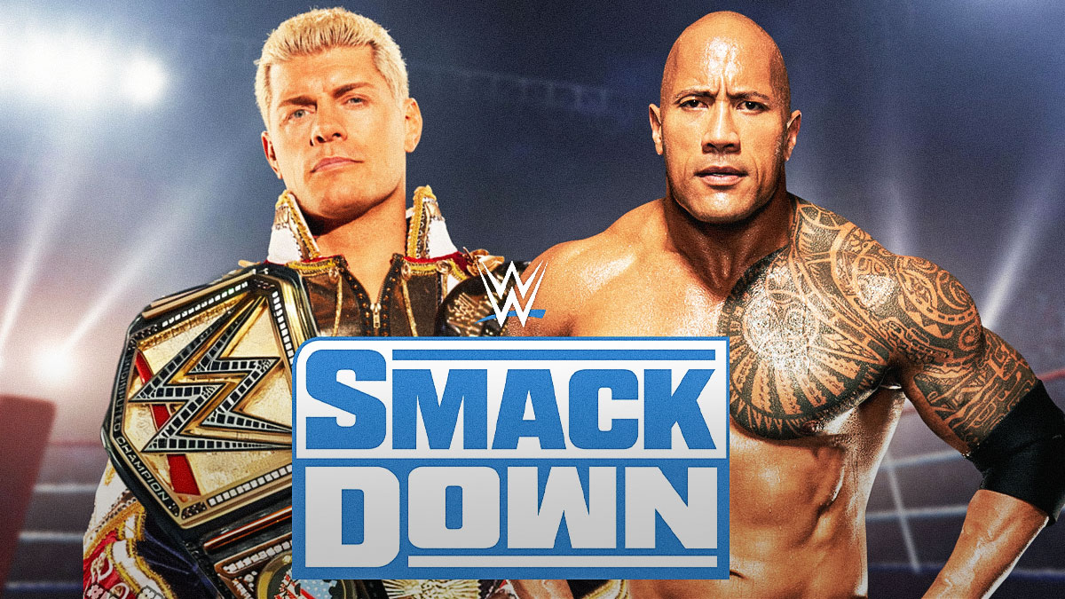 The Rock next to Cody Rhodes in front of the SmackDown logo