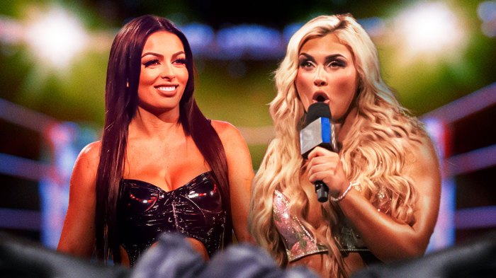 Former WWE star Mandy Rose and Tiffany Stratton in wrestling ring.