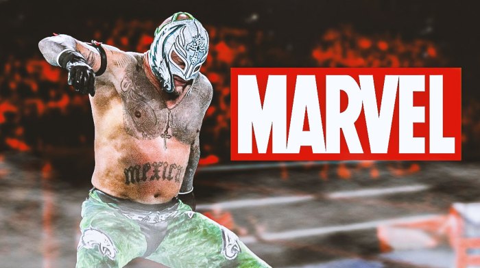 WWE star Rey Mysterio with Marvel logo.