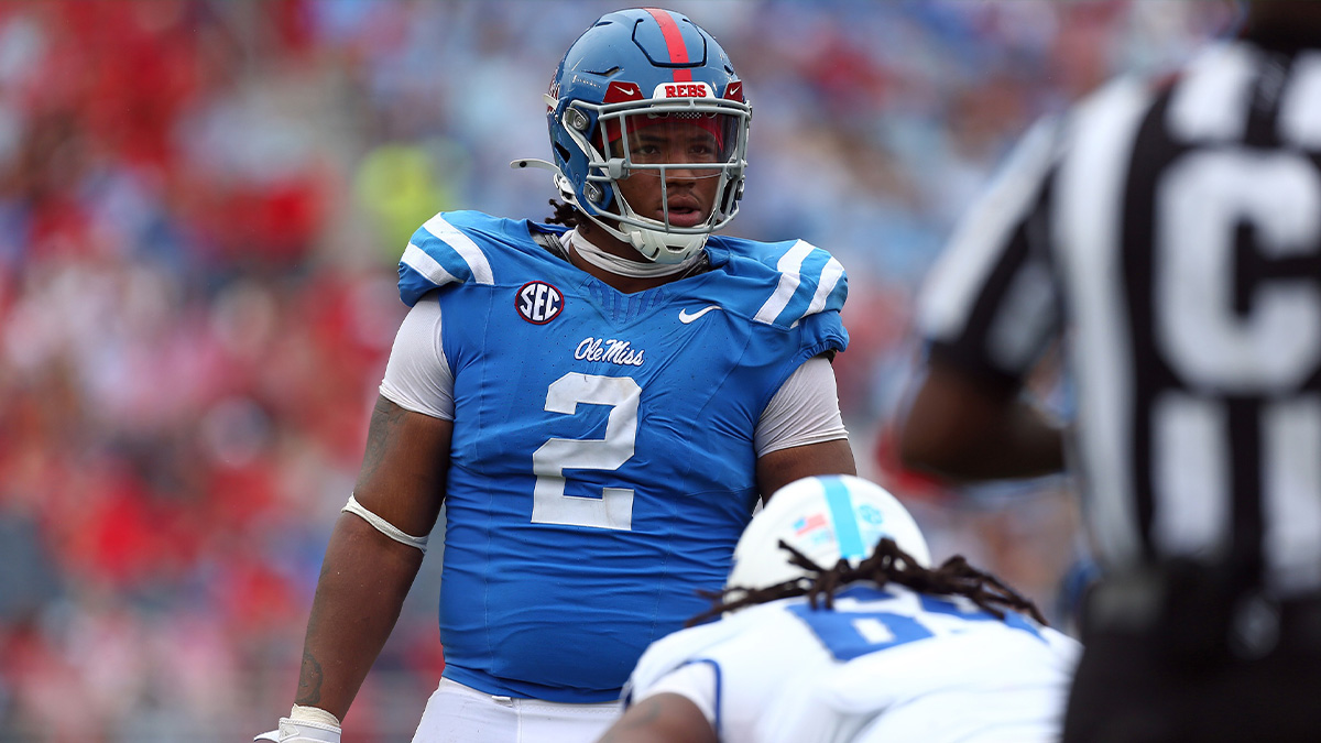 Mississippi Rebels defensive linemen Walter Nolen (2) waits for the snap during the second half against the Kentucky Wildcats at Vaught-Hemingway Stadium. 