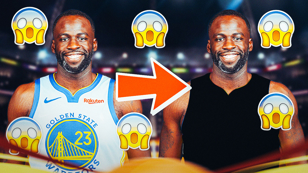 Draymond Green on one side in a Golden State Warriors jersey with an arrow pointing to Draymond Green on the other side in a blank jersey, a bunch of shocked emojis in the background