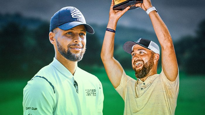 Warriors guard Steph Curry and Eagles kicker Jake Elliott, two of the best golfers in the NBA and NFL, swinging a golf club or holding a golf trophy or celebrating a golf shot with a golf course or beautiful golf clubhouse in the background