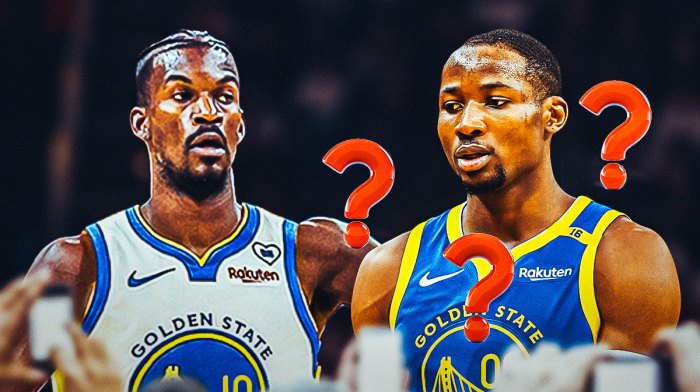 Jimmy Butler in a Warriors jersey, smiling, while Jonathan Kuminga looks sad with question marks around him.