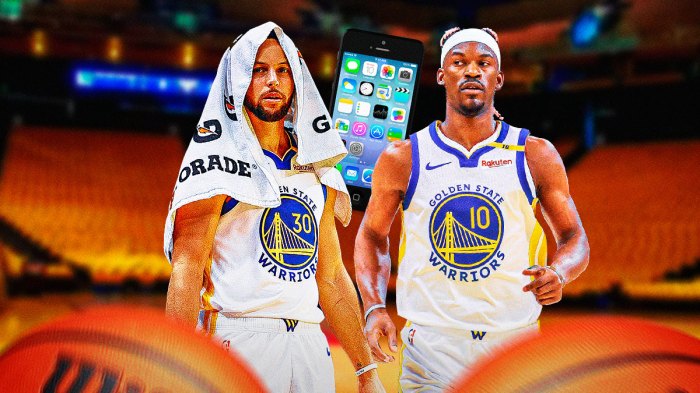 Stephen Curry and Jimmy Butler both in Warriors jerseys, with a cellphone in the middle of them.