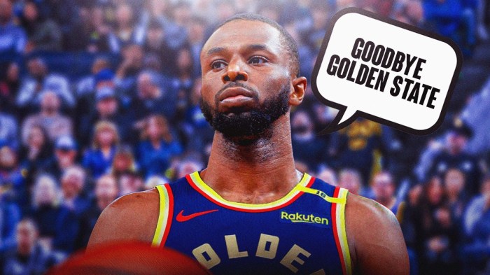 Andrew Wiggins with a text bubble reading "Goodbye Golden State"