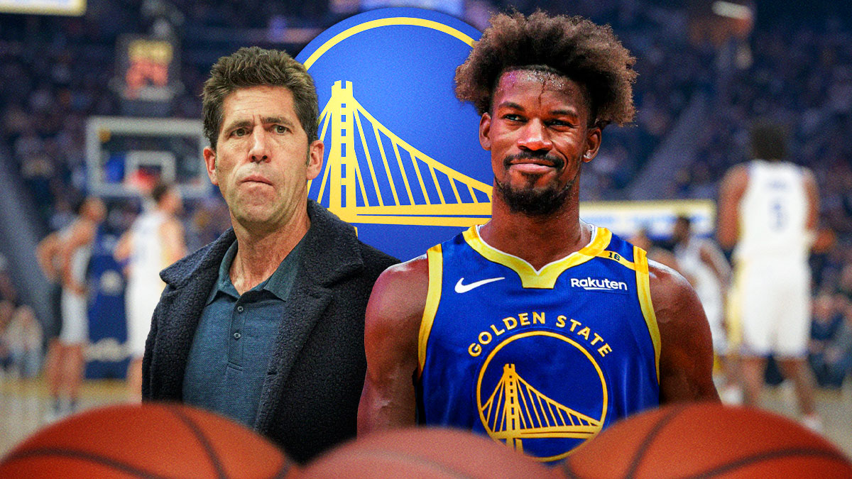 ESPN analyst Bob Myers next to Warriors forward Jimmy Butler with the Warriors logo in the background
