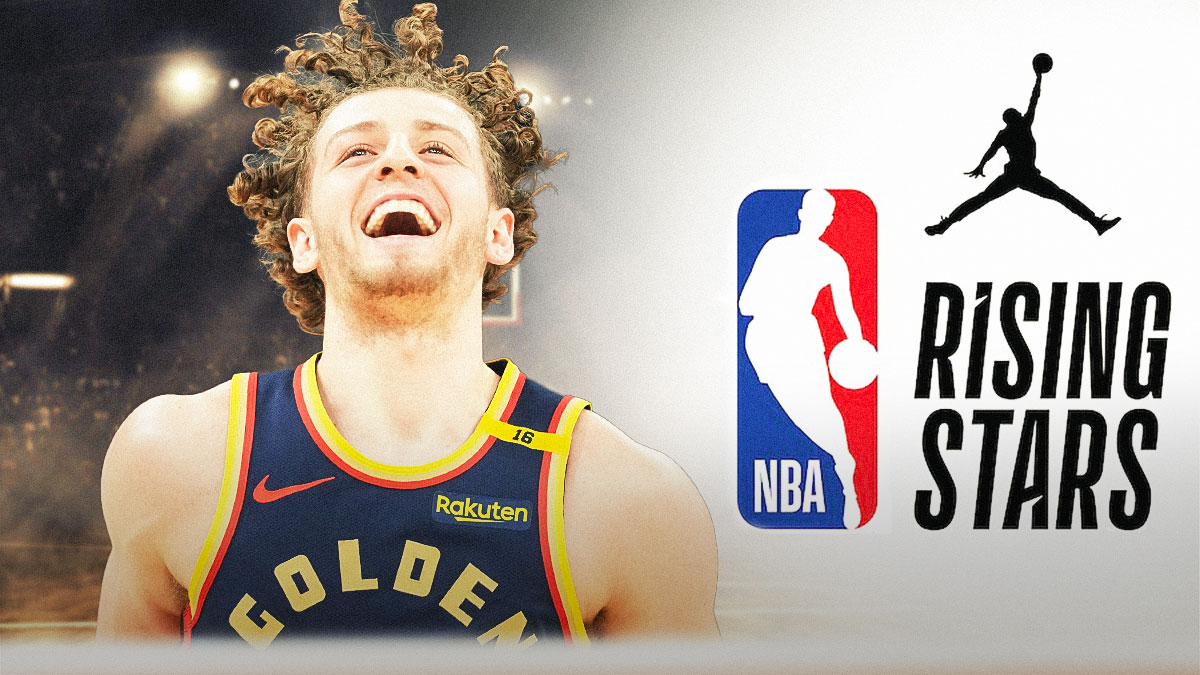 Warriors' Brandin Podziemski smiling, with Rising Stars Challenge logo beside him
