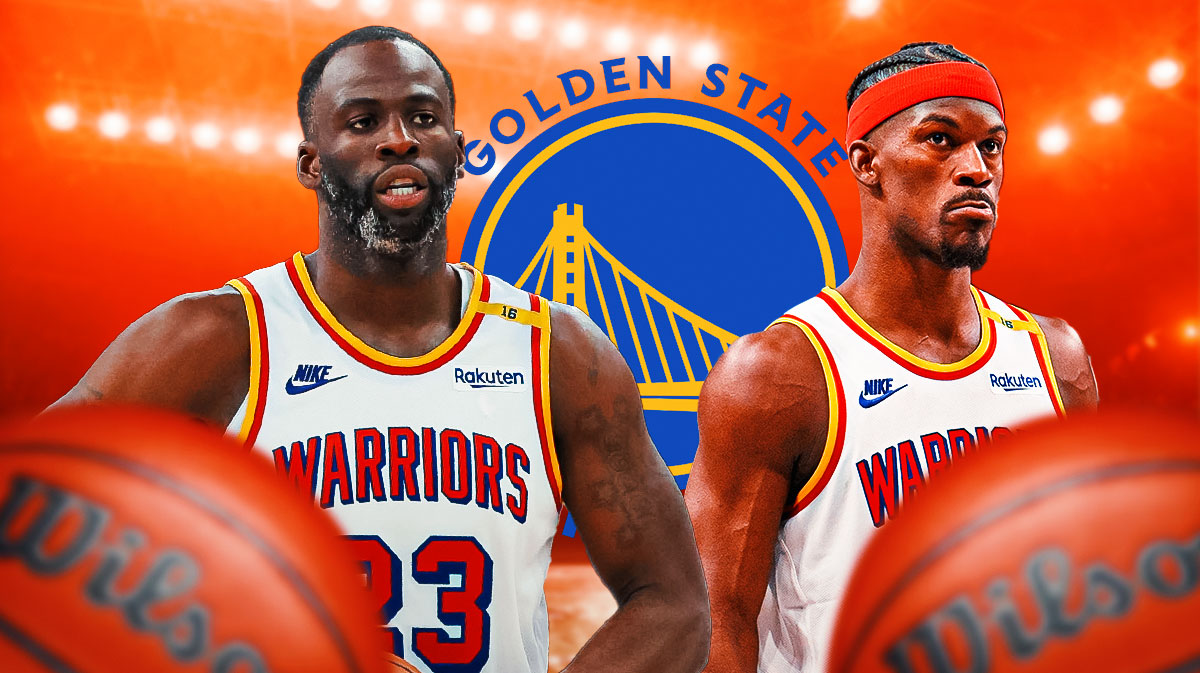 Warriors veteran Draymond Green next to Warriors forward Jimmy Butler and the Warriors logo in the background
