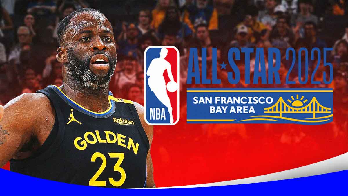 Warriors' Draymond Green looking confused towards 2025 NBA All-Star Game logo