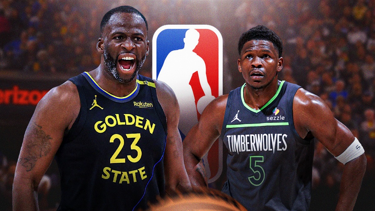 Warriors forward Draymond Green next to Timberwolves All-Star Anthony Edwards with the NBA logo in the background