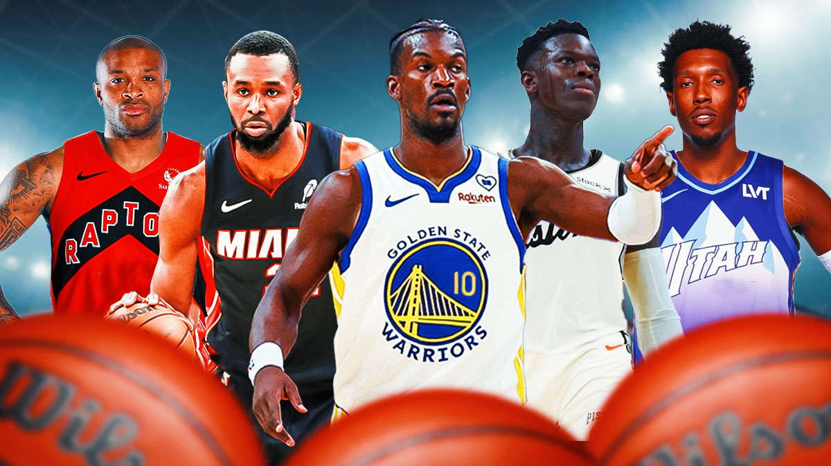 Jimmy Butler in a Warriors jersey, Andrew Wiggins in a Heat jersey, Dennis Schroder in a Pistons jersey, PJ Tucker in a Raptors jersey, and Josh Richardson in a Jazz jersey. Make sure Jimmy Butler is in the middle.