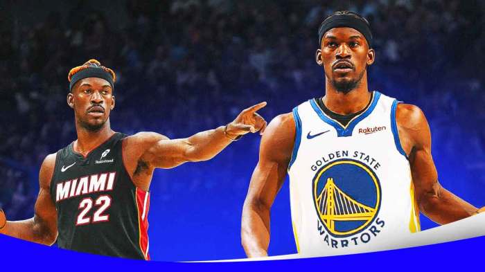 Image of Jimmy Butler in a Miami Heat Jersey pointing to a Jimmy Butler Golden State Warriors jersey (with no number on the jersey). Eyes emoji next to it