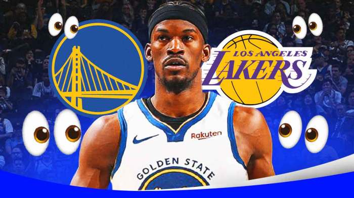 Jimmy Butler, Golden State Warriors and Los Angeles Lakers logos, eyes symbols surrounding Butler