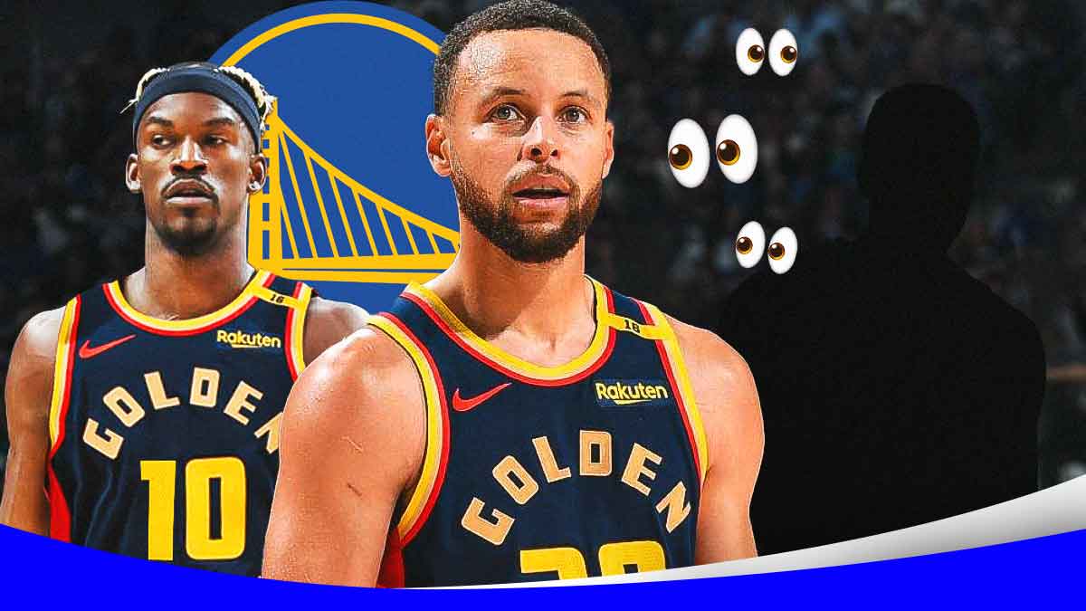 Stephen Curry, Jimmy Butler, silhouette of Rudy Gay, Golden State Warriors logo, eyes symbols