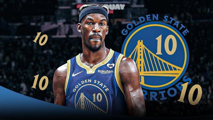 Jimmy Butler, Golden State Warriors logo in background, "10" symbols surrounding Butler