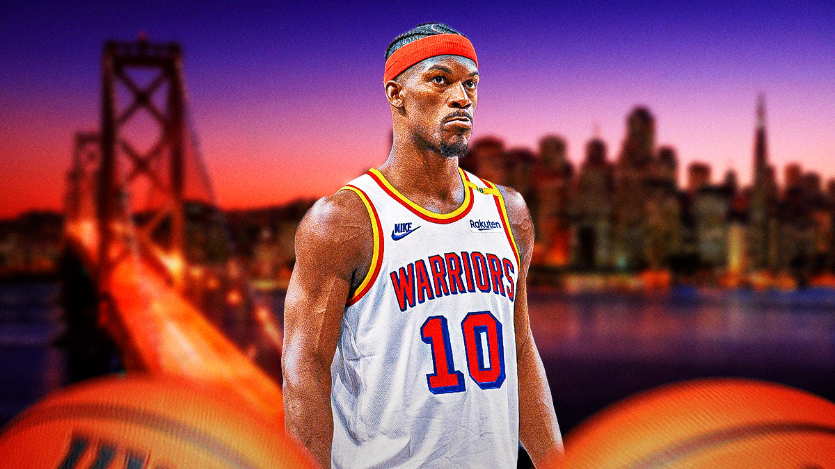 Warriors' Jimmy Butler, San Francisco skyline behind him