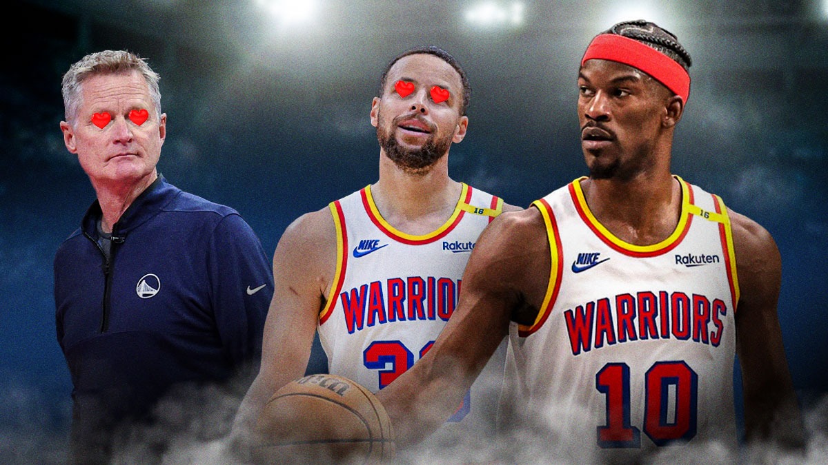 Warriors' Steve Kerr and Stephen Curry with hearts all over them while looking at Jimmy Butler